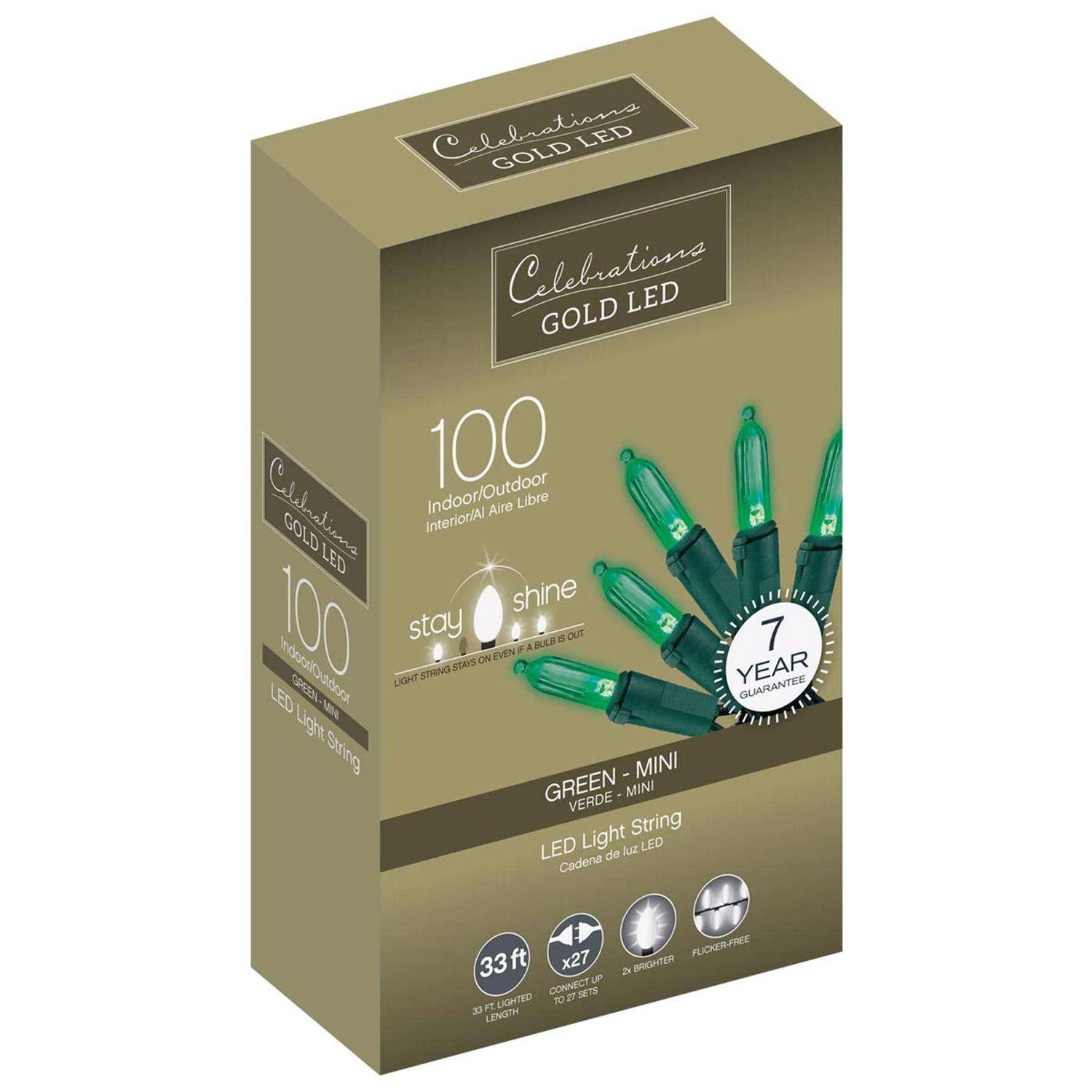Celebrations Gold LED Mini Green 100 Ct String Christmas Lights 33 Ft. 3 Celebrations Gold LED Mini Green 100 Ct String Christmas Lights 33 Ft.