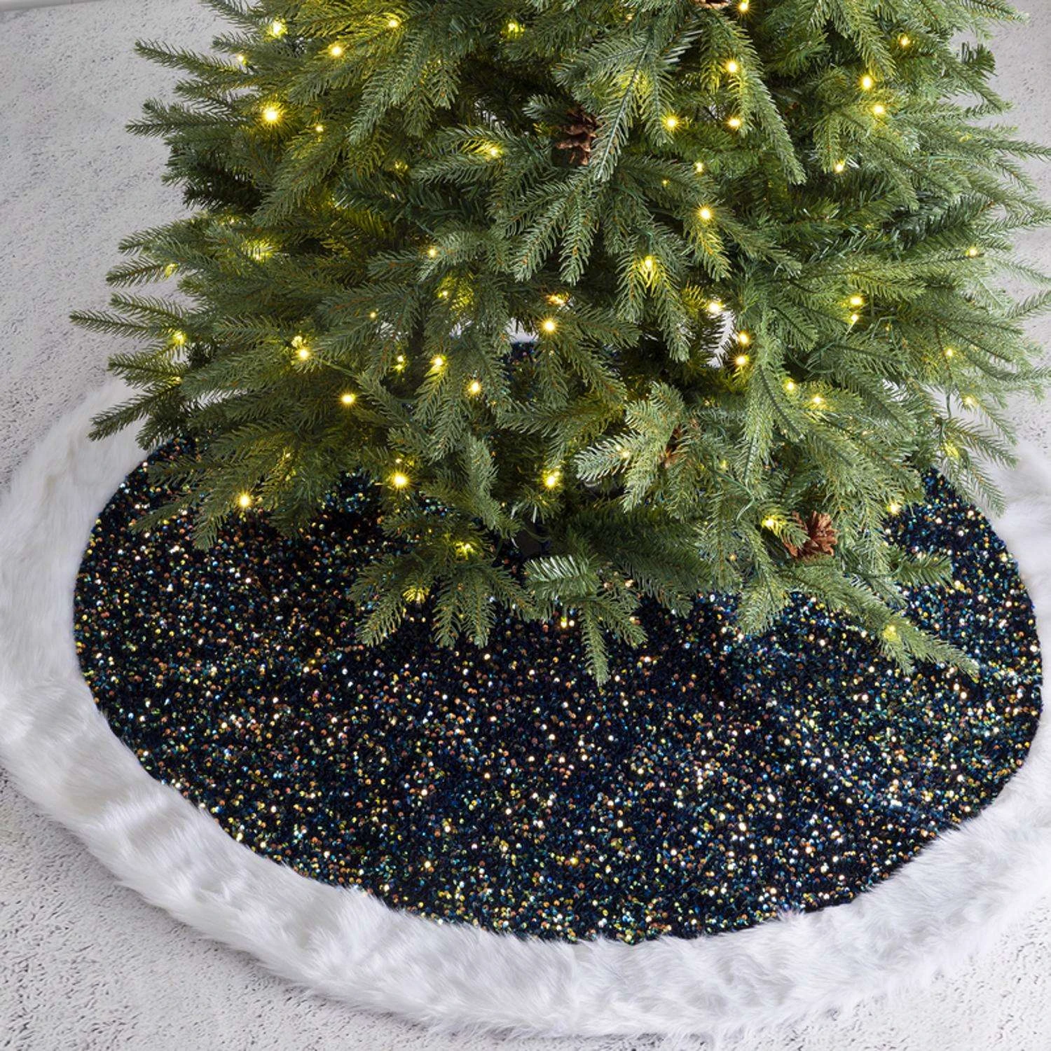 Glitzhome Navy Blue/White Sequin Christmas Tree Skirt 0.39 In. 7 Glitzhome Navy Blue/White Sequin Christmas Tree Skirt 0.39 In. - Image 5