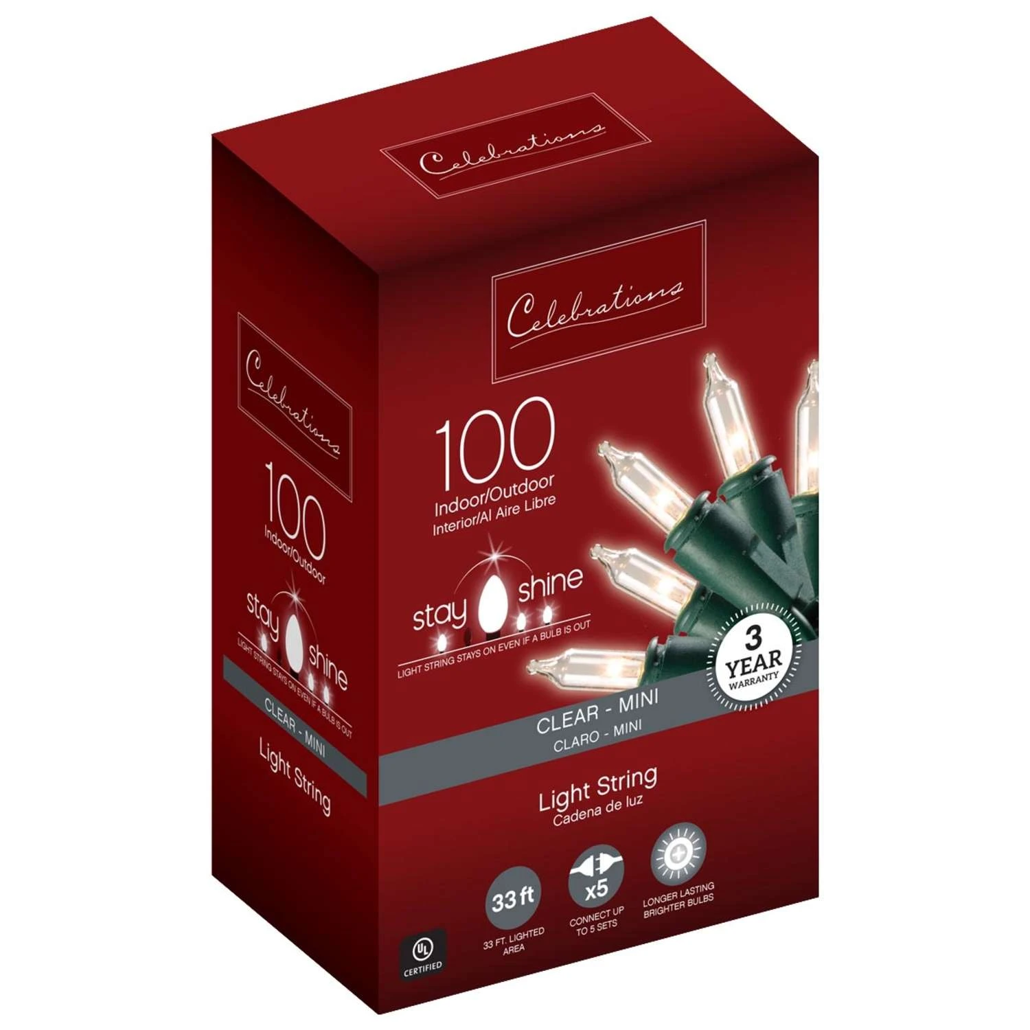 Celebrations Stay Shine Incandescent Mini Clear/Warm White 100 Ct String Christmas Lights 33 Ft. 3 Celebrations Stay Shine Incandescent Mini Clear/Warm White 100 Ct String Christmas Lights 33 Ft.