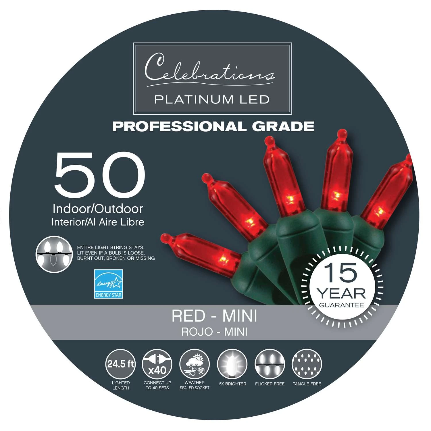 Celebrations Platinum LED T5 Red 50 Ct String Christmas Lights 24.5 Ft. 3 Celebrations Platinum LED T5 Red 50 Ct String Christmas Lights 24.5 Ft.