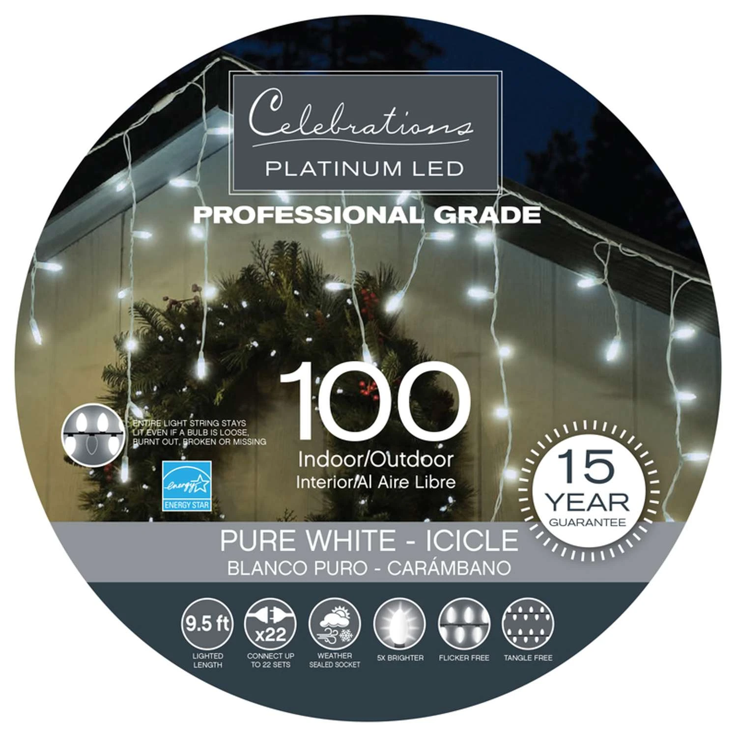 Celebrations Platinum LED T5 Pure White 100 Ct Icicle Christmas Lights 9.5 Ft. 3 Celebrations Platinum LED T5 Pure White 100 Ct Icicle Christmas Lights 9.5 Ft.