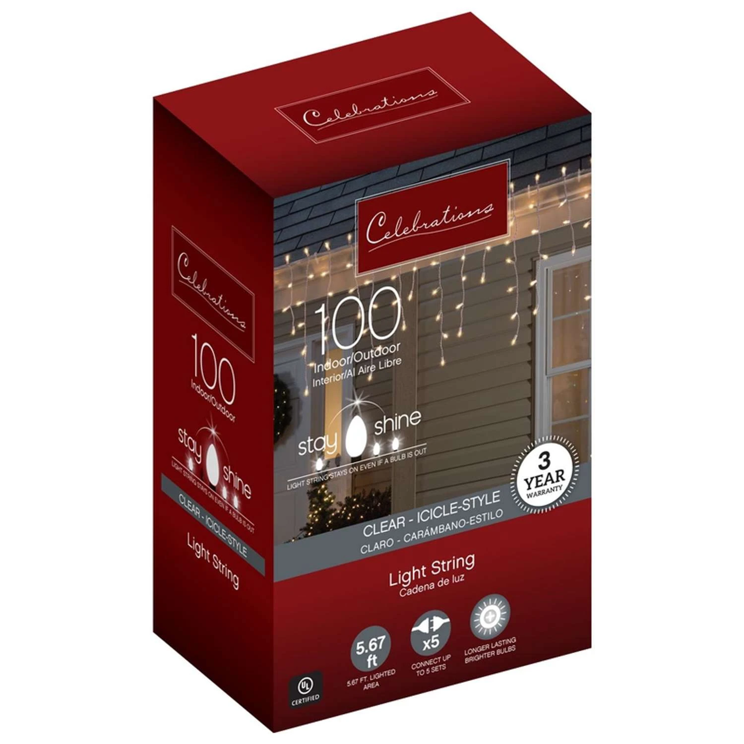 Celebrations Stay Shine Incandescent Mini Clear/Warm White 100 Ct Icicle Christmas Lights 5.67 Ft. 3 Celebrations Stay Shine Incandescent Mini Clear/Warm White 100 Ct Icicle Christmas Lights 5.67 Ft.
