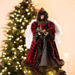 Glitzhome Multicolored Plaid Angel Tree Topper 16 In. -Alpine Sales Store b001899e bc62 4c1a 9145 441060288cda