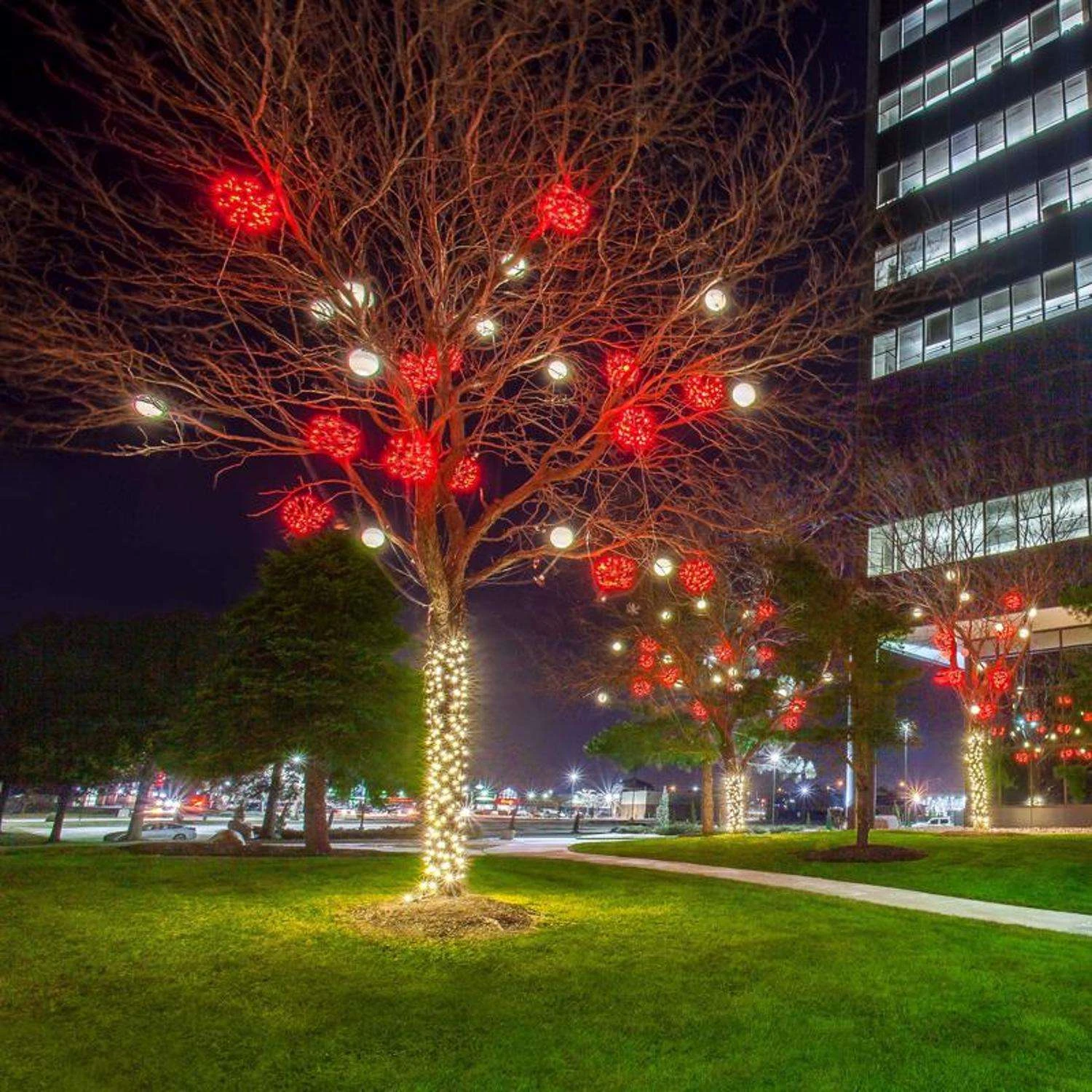 Celebrations Platinum LED Red Shimmer Sphere 16 In. Hanging Decor 4 Celebrations Platinum LED Red Shimmer Sphere 16 In. Hanging Decor - Image 2