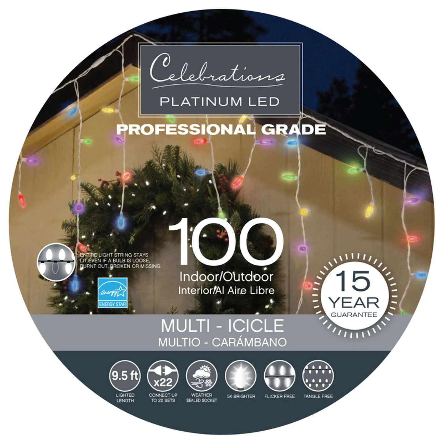 Celebrations Platinum LED T5 Multicolored 100 Ct Icicle Christmas Lights 9.5 Ft. 3 Celebrations Platinum LED T5 Multicolored 100 Ct Icicle Christmas Lights 9.5 Ft.