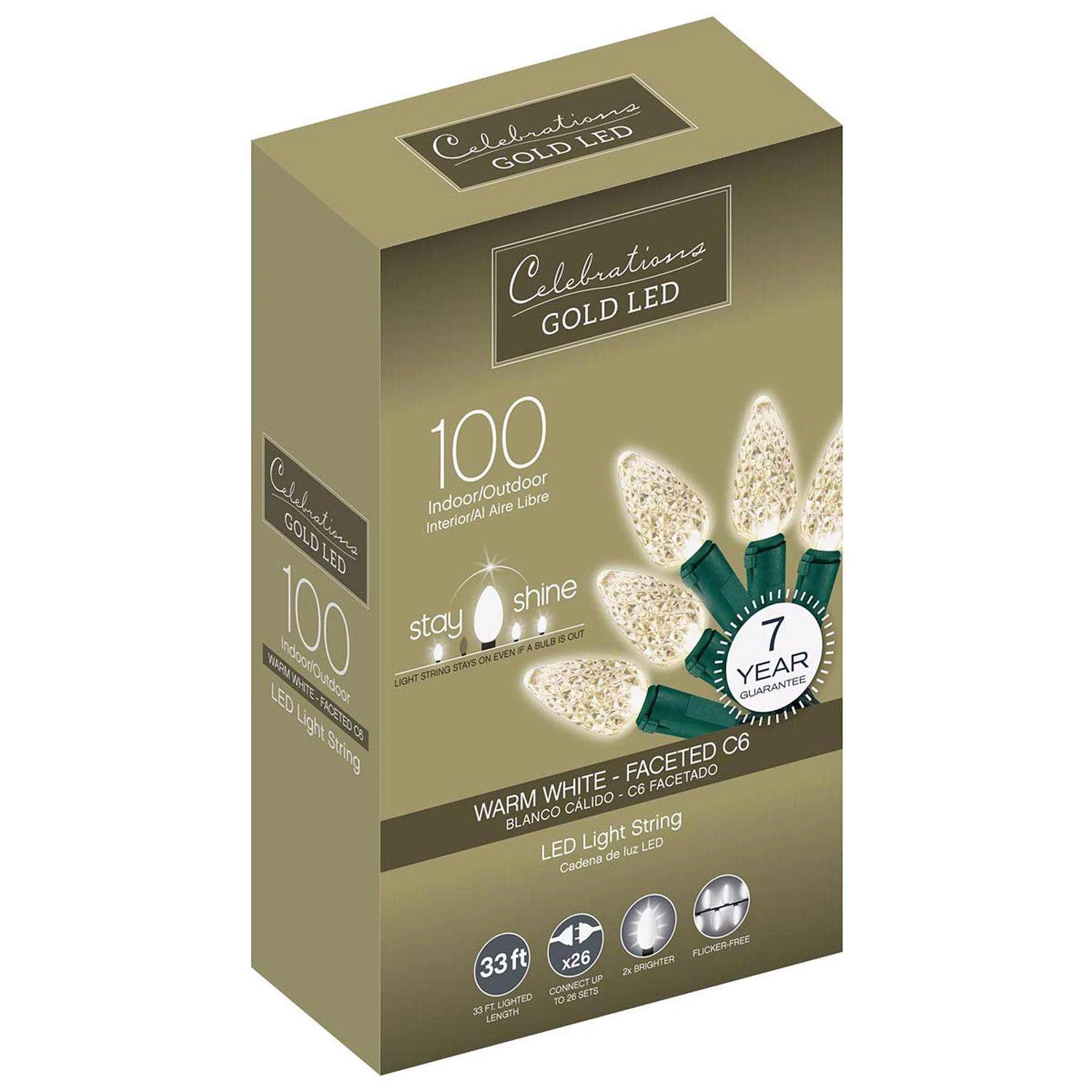 Celebrations Gold LED C6 Warm White 100 Ct String Christmas Lights 33 Ft. 3 Celebrations Gold LED C6 Warm White 100 Ct String Christmas Lights 33 Ft.