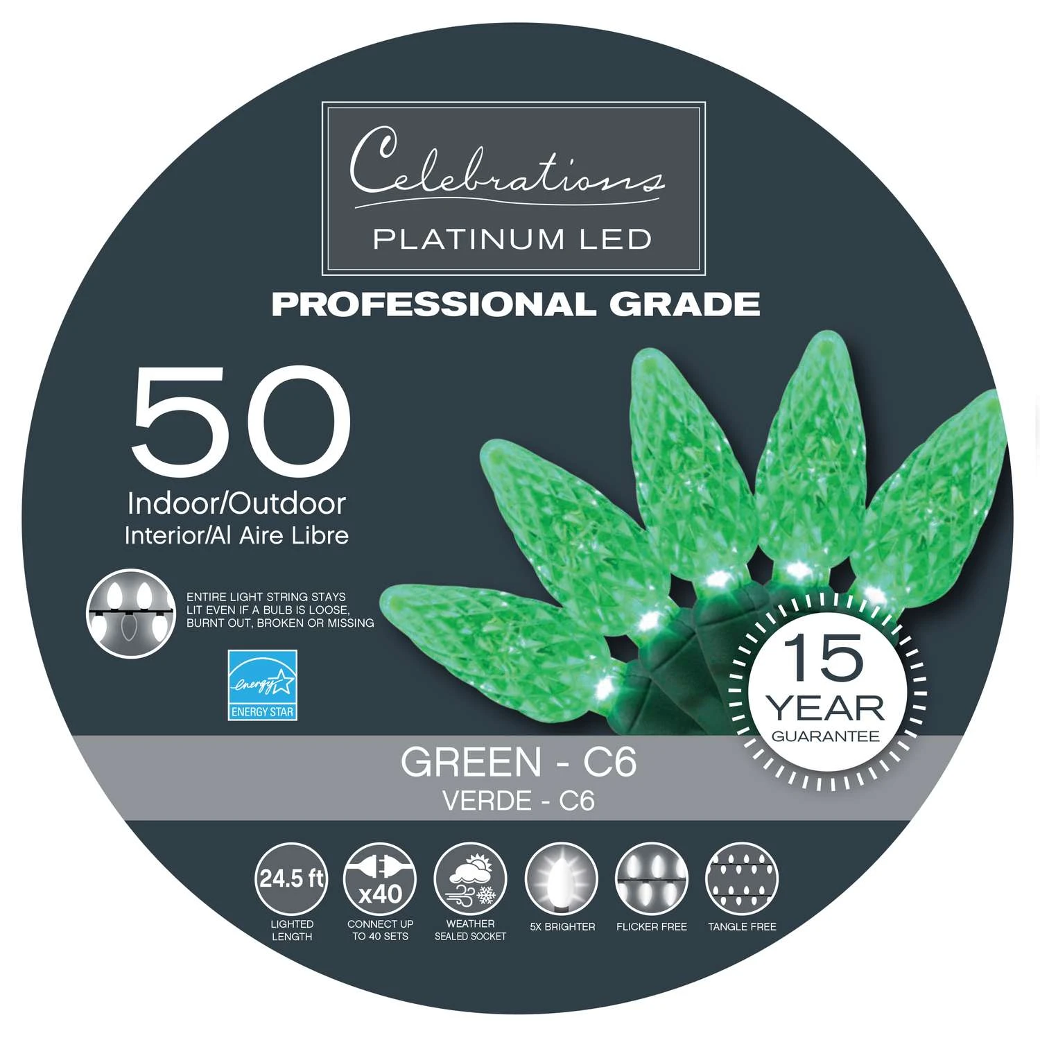 Celebrations Platinum LED C6 Green 50 Ct String Christmas Lights 24.5 Ft. 3 Celebrations Platinum LED C6 Green 50 Ct String Christmas Lights 24.5 Ft.