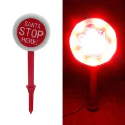 Alpine LED Red/White Santa Stop Here Sign 15 In. Yard Decor